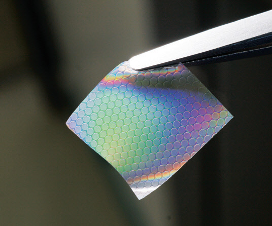 가로, 세로 1㎝, 두께 26㎛ 크기로 제작된 차세대 바이오패치의 구조체 모습으로, 마이크로미터 크기의 굴곡진 세포 표면에 잘 달라붙는다.   ETRI 제공